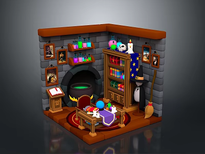 Enchanted Wizard Study Interior With Stone Fireplace Wooden Bookshelf Colorful Bottles And Cauldron 3d model