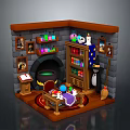 Enchanted Wizard Study Interior With Stone Fireplace Wooden Bookshelf Colorful Bottles And Cauldron