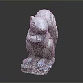 Gray Squirrel Statue Holding Food With Front Paws On Mossy Stone Base For Garden Decoration