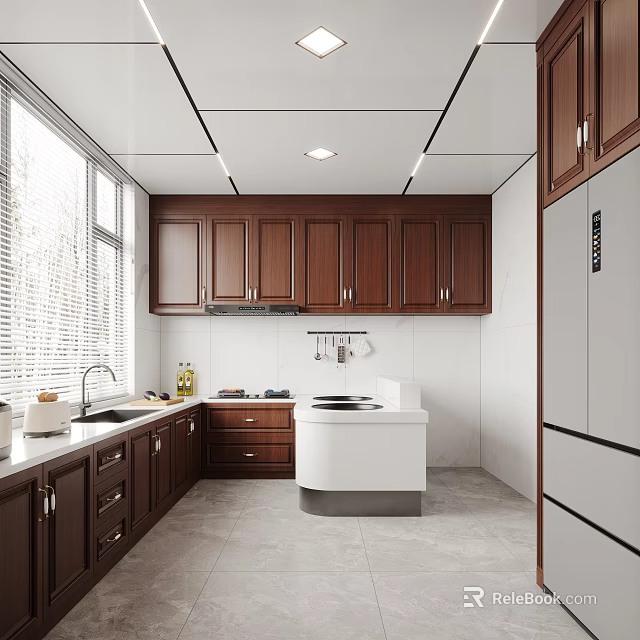 Spacious Classic Kitchen With Dark Wood Cabinets White Countertops Bright Lighting And Modern Central Island 3d model 