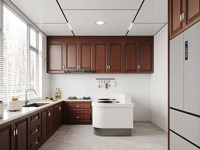 Spacious Classic Kitchen With Dark Wood Cabinets White Countertops Bright Lighting And Modern Central Island 3d model