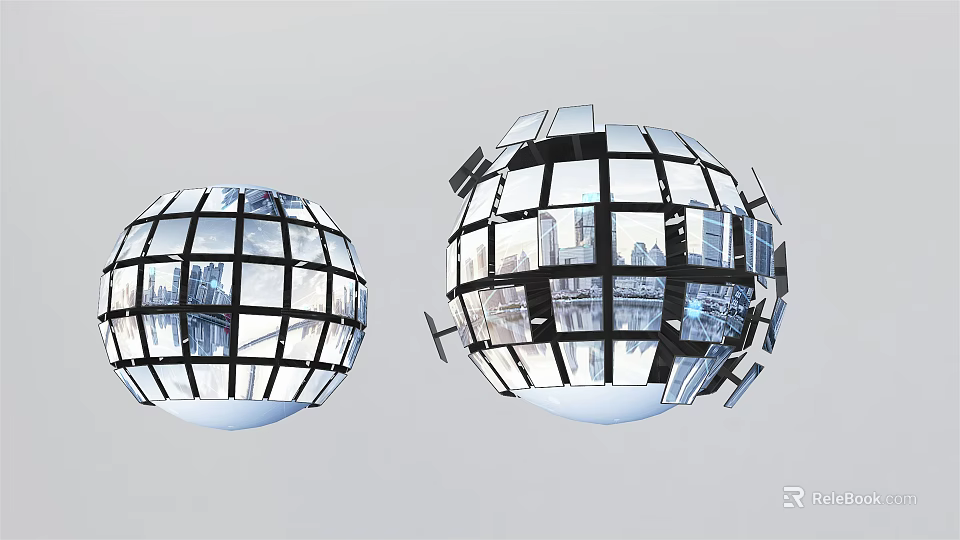 Two Digital Sphere Displays Made Of Screens Showing Urban Cityscape With Fragmented Design 3d model 