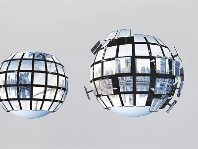 Two Digital Sphere Displays Made Of Screens Showing Urban Cityscape With Fragmented Design 3d model
