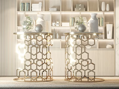 Modern Gold Honeycomb Design Bedside Tables With Lighting And Shelves Decor 3d model
