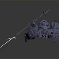 Game And Movie Character Mechanical Robot With Spear And Complex Armor In Dynamic Combat Stance