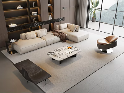Modern Beige L shaped Sofa Coffee Table Set With Marble Top Throw Pillows And Accent Chair 3d model