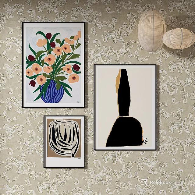 Abstract Paintings Wall Art Decor in Interior with Framed Geometric Patterns 3d model