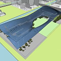 Modern Public Building With Wavy Roof Design Surrounded By Trees Waterfront And City Skyline