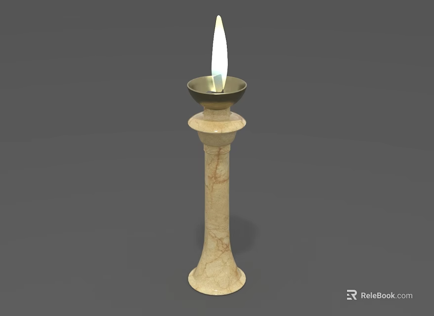 Burning Candle On Elegant Marble Candlestick Stand With Bright Flame 3d model 