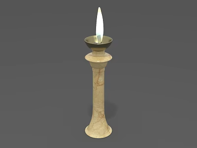 Burning Candle On Elegant Marble Candlestick Stand With Bright Flame 3d model
