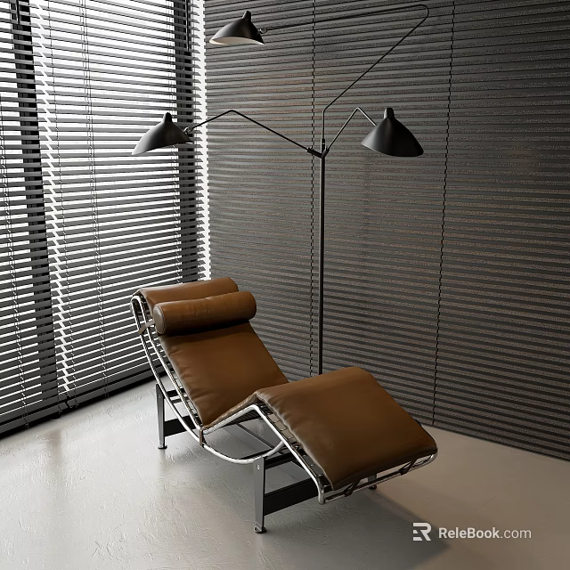 Brown Leather Leisure Chair With Metal Frame Floor Lamp And Gray Blinds In Modern Interior 3d model 