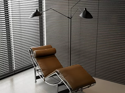 Brown Leather Leisure Chair With Metal Frame Floor Lamp And Gray Blinds In Modern Interior 3d model
