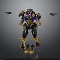 Futuristic Robot Character With Yellow Black Purple Armor And Side Flying Devices