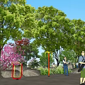 Scenic Garden Landscape With Water Area Colorful Trees Lawn And Rocks