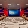 Cinema Interior With Blue And Orange Striped Walls Sofa Seats And Ceiling Lights