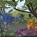 Rural Landscape With Colorful Purple Pink Orange Flowers Trees Shrubs And Blue Sky