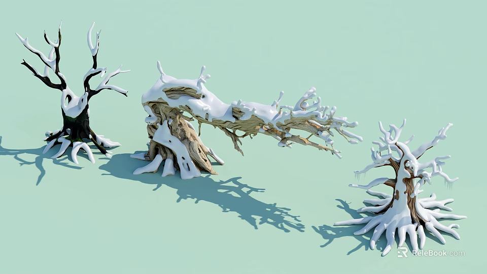 Snow Covered Arborescent Trees With Twisted Branches On Light Green Background 3d model
