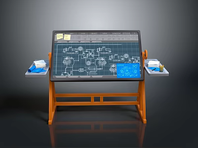 Drafting Table With Blueprints Technical Drawings And Stationery Trays On Wooden Stand 3d model