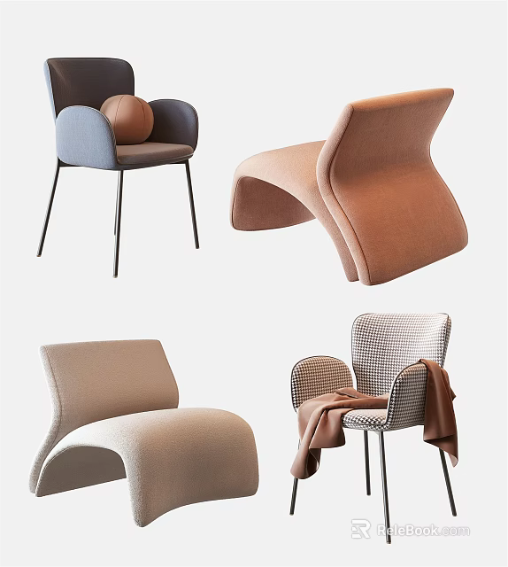 Modern Leisure Chairs With Various Designs Upholstered Fabric Curved Shapes And Blue Beige Tones 3d model 