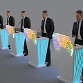 Men In Formal Suits Standing At Podiums With Colorful Maps And Blue Lights