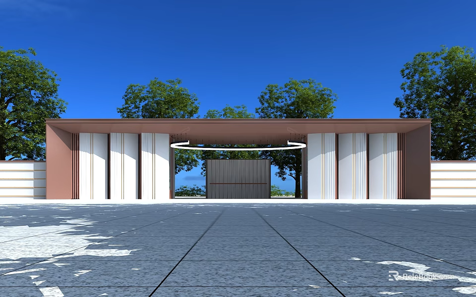 Modern Roofed Entrance Gate Design With Trees Blue Sky And Paved Ground 3d model 