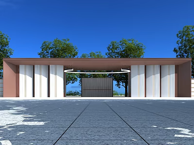 Modern Roofed Entrance Gate Design With Trees Blue Sky And Paved Ground 3d model