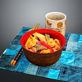 Colorful Vegetable And Tofu Stew Served With Chopsticks And Tea Cup On Blue Checkered Placemat