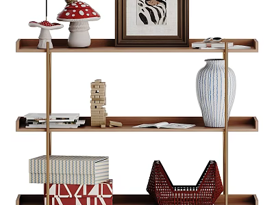 Wooden Decorative Display Cabinet With Mushroom Decor Zebra Art Books Striped Vase And Woven Basket 3d model