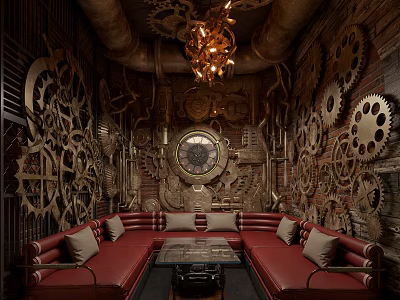 Industrial Style Room With Gear Decorations Red Brick Walls Red Leather Sofa And Vintage Chandelier 3d model