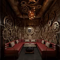 Industrial Style Room With Gear Decorations Red Brick Walls Red Leather Sofa And Vintage Chandelier