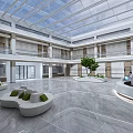 Modern Lobby With Glass Ceiling Large Screen Green Plants And Marble Floor