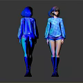 Two Women In Blue Outfits Short Skirts Long Socks With Glowing Details Back Front View