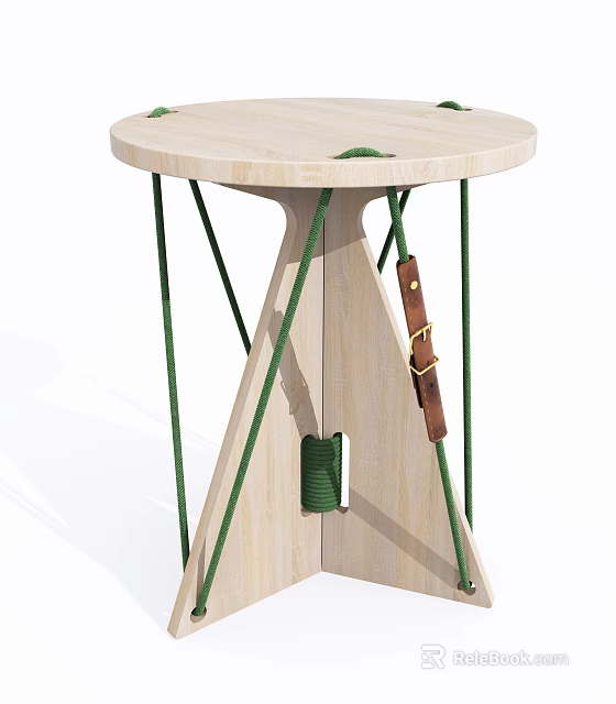 Light Wooden Stool With Round Top Green Ropes And Brown Leather Strap Design 3d model 