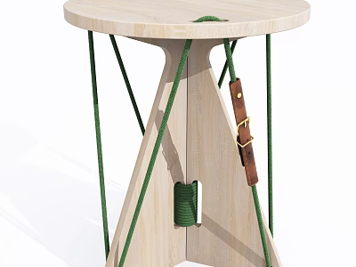 Light Wooden Stool With Round Top Green Ropes And Brown Leather Strap Design 3d model