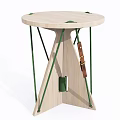 Light Wooden Stool With Round Top Green Ropes And Brown Leather Strap Design