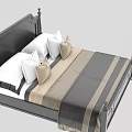 Double Bed with Black Wooden Frame Ornate Headboard Striped Bedding and Decorative Pillows