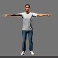 Man With Arms Outstretched Wearing Gray T-Shirt Blue Jeans And White Sneakers On Dark Background