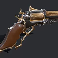 Ornate Decorative Revolver With Golden Accents Wooden Grip And Intricate Carvings On Metal Frame