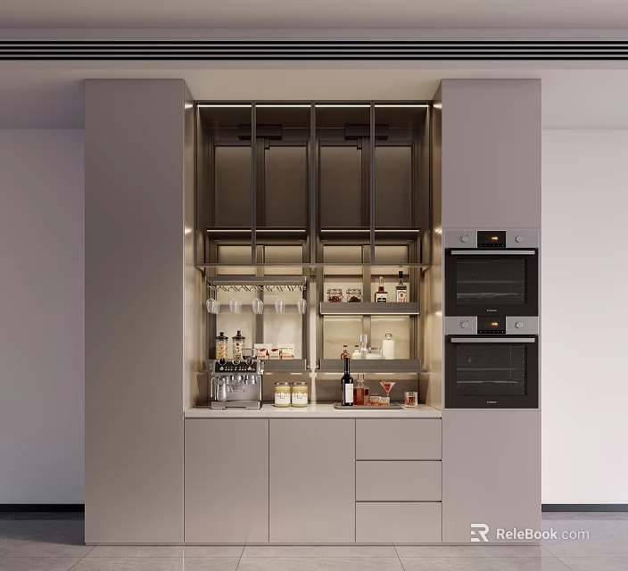 Modern Minimalist Kitchen Upper Wall Cabinets With Glass Doors And Built In LED Lighting Design 3d model 