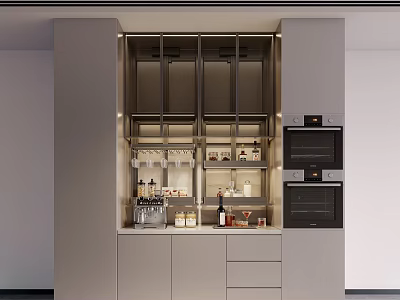 Modern Minimalist Kitchen Upper Wall Cabinets With Glass Doors And Built In LED Lighting Design 3d model