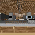 Modern Café Interior With Wooden Grid Ceiling Bar Counter And Golden High Stools