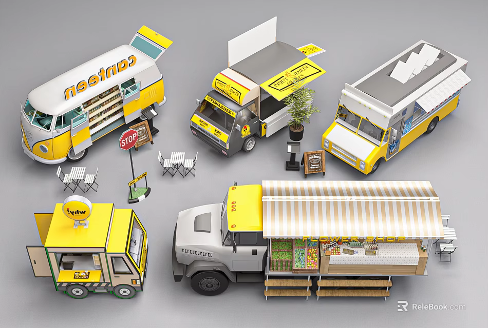 Various Food Trucks Featuring Meatings Branding Outdoor Tables And Plants 3d model 