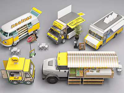 Various Food Trucks Featuring Meatings Branding Outdoor Tables And Plants 3d model