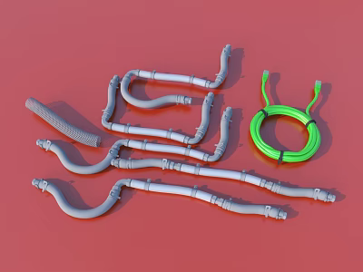 Collection of Grey Curved Pipes with Green Coiled Cable on Red Surface 3d model