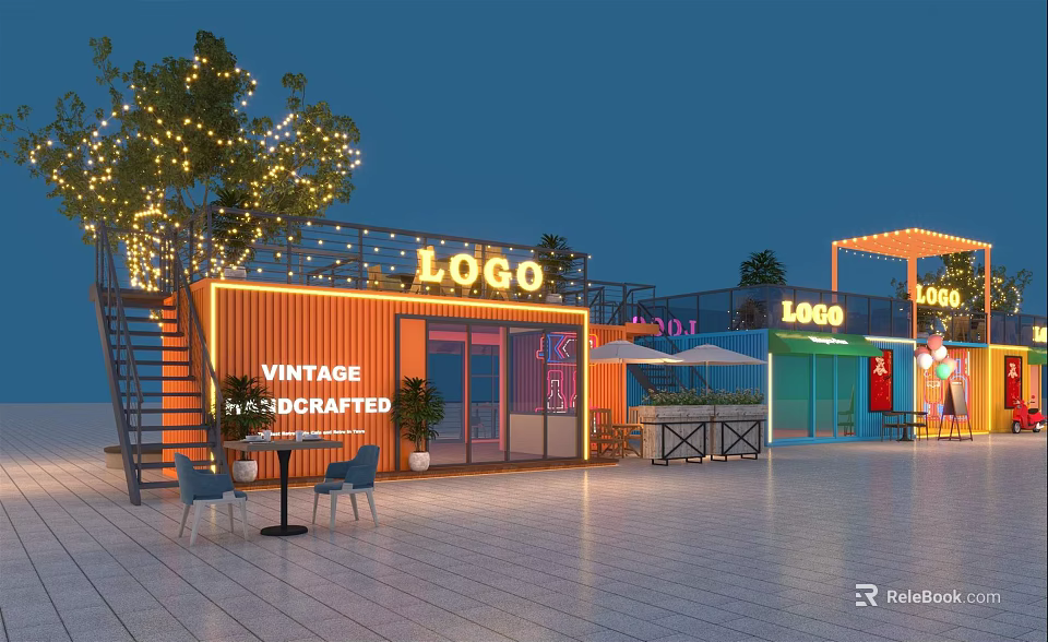 Vibrant Commercial Street Featuring Neon Signs LOGO Vintage Handcrafted Shops and Outdoor Seating 3d model 
