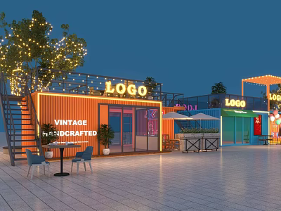Vibrant Commercial Street Featuring Neon Signs LOGO Vintage Handcrafted Shops and Outdoor Seating 3d model