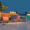 Vibrant Commercial Street Featuring Neon Signs LOGO Vintage Handcrafted Shops and Outdoor Seating