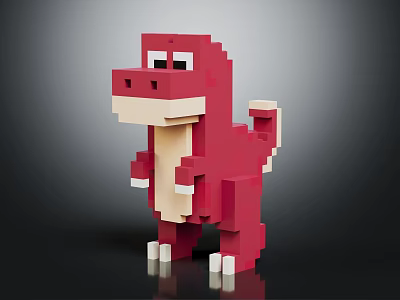 Red Pixel Style Dinosaur Decor On Kids Wooden Chair Furniture Piece 3d model