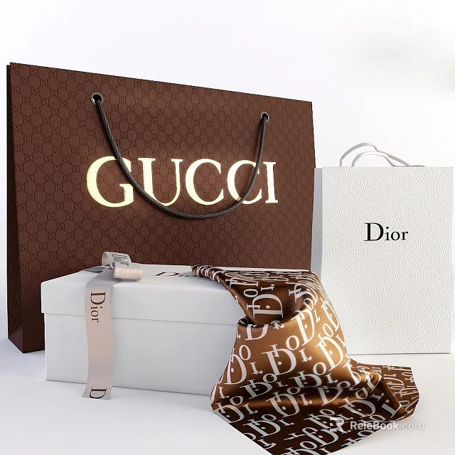 Luxury Lifestyle Products Featuring Gucci Dior Shopping Bags Box and Silk Scarf 3d model 