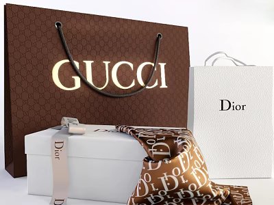 Luxury Lifestyle Products Featuring Gucci Dior Shopping Bags Box and Silk Scarf 3d model